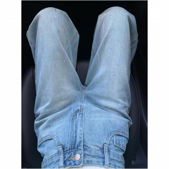 Women's Rhinestone High Waist Straight Jeans