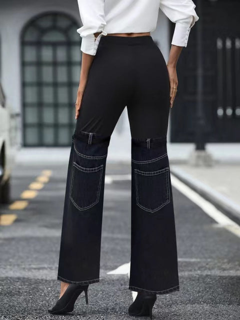 Fashion Slim Knit Denim Stitching Elastic Waist