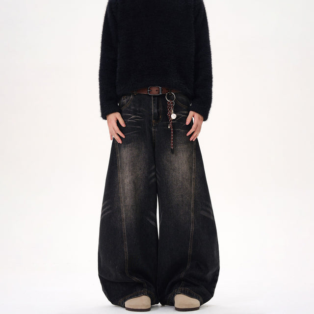 Retro Washed Cat Beard Design Black Machete Jeans