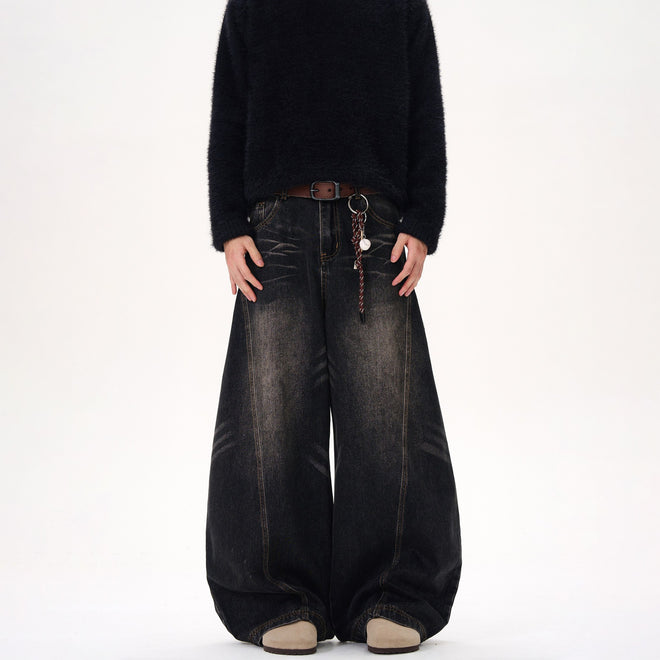 Retro Washed Cat Beard Design Black Machete Jeans