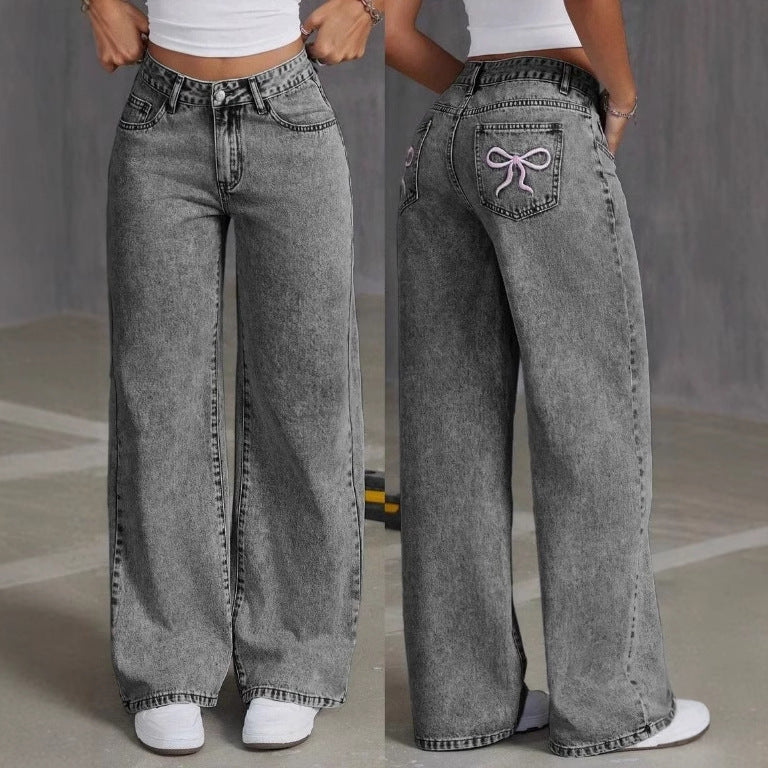 Vintage Bow Embroidered Washed Jeans For Women Straight Loose Trousers